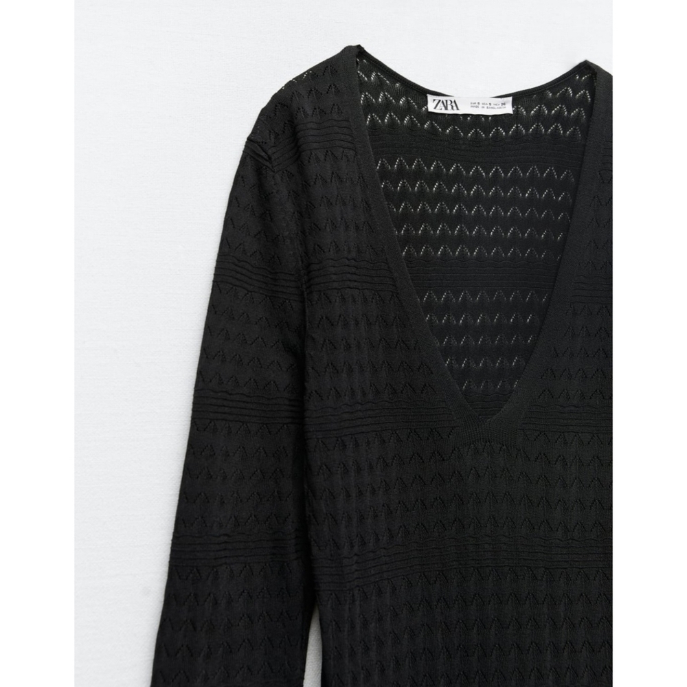 ZARA // ltd ed black pointelle knit plunge long sleeve a-line maxi dress - Picture 7 of 16